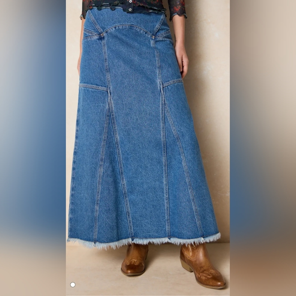 Denim Maxi Skirt with Frayed Hem